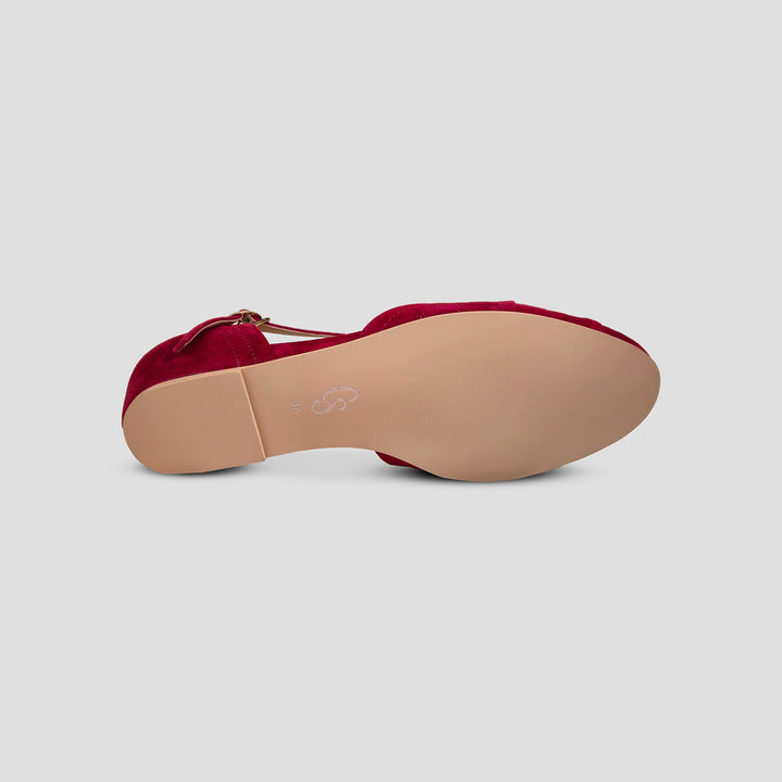 Charlie Stone Shoes elegant vintage inspired 1930's flats ladies shoes wine red burgundy suede leather womens sandals with heel elevation to help alleviate heel pain and discomfort