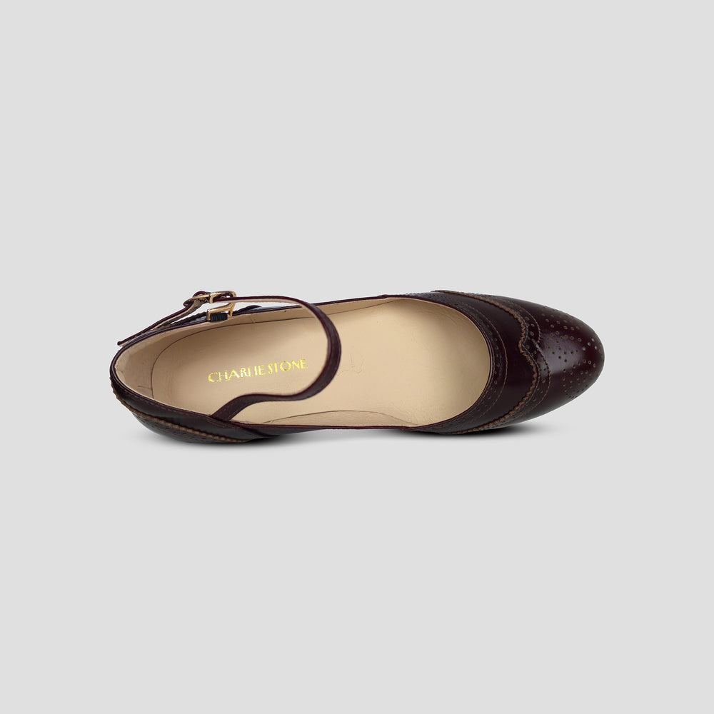 Charlie Stone Shoes vintage flats oxford wingtip mary jane style Dorian dark cocoa oiled leather