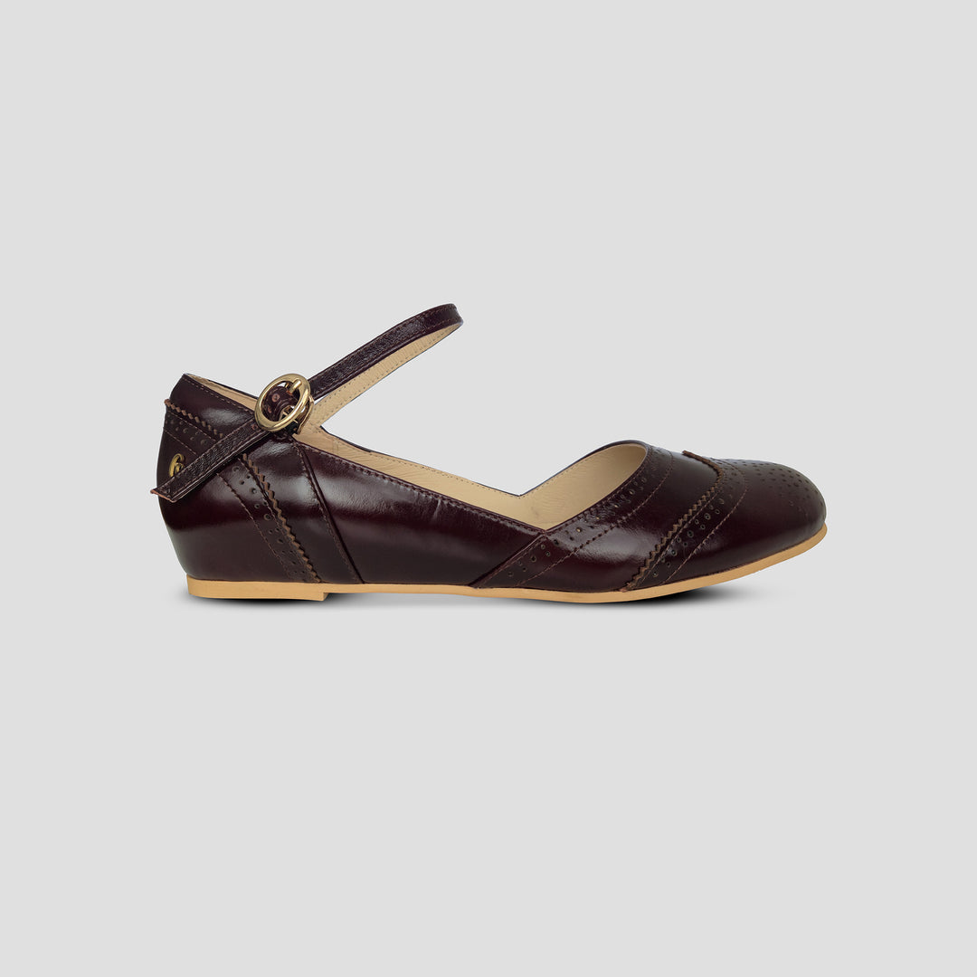 Charlie Stone Shoes vintage flats oxford wingtip mary jane style Dorian dark cocoa oiled leather