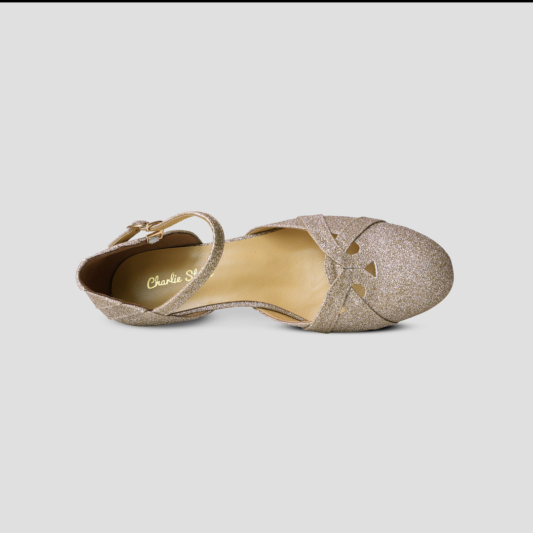 Charlie Stone Shoes gold glitter art deco 1920's vintage inspired heels Great Gatsby party cosplay style Petit Manhattan