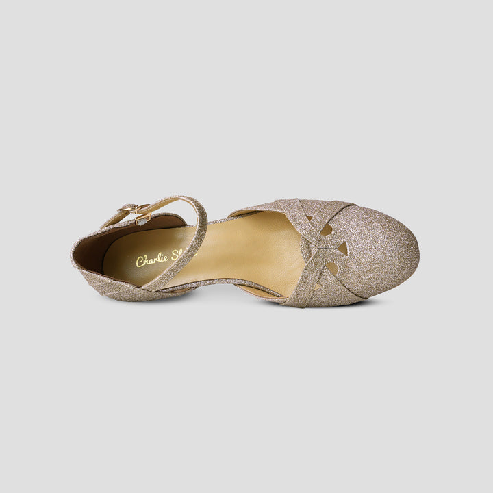 Charlie Stone Shoes gold glitter art deco 1920's vintage inspired heels Great Gatsby party cosplay style Petit Manhattan