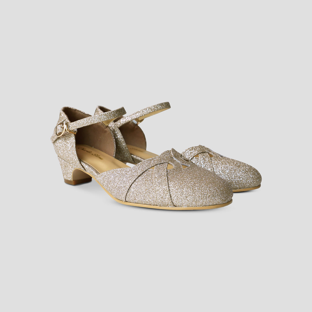 Charlie Stone Shoes gold glitter art deco 1920's vintage inspired heels Great Gatsby party cosplay style Petit Manhattan