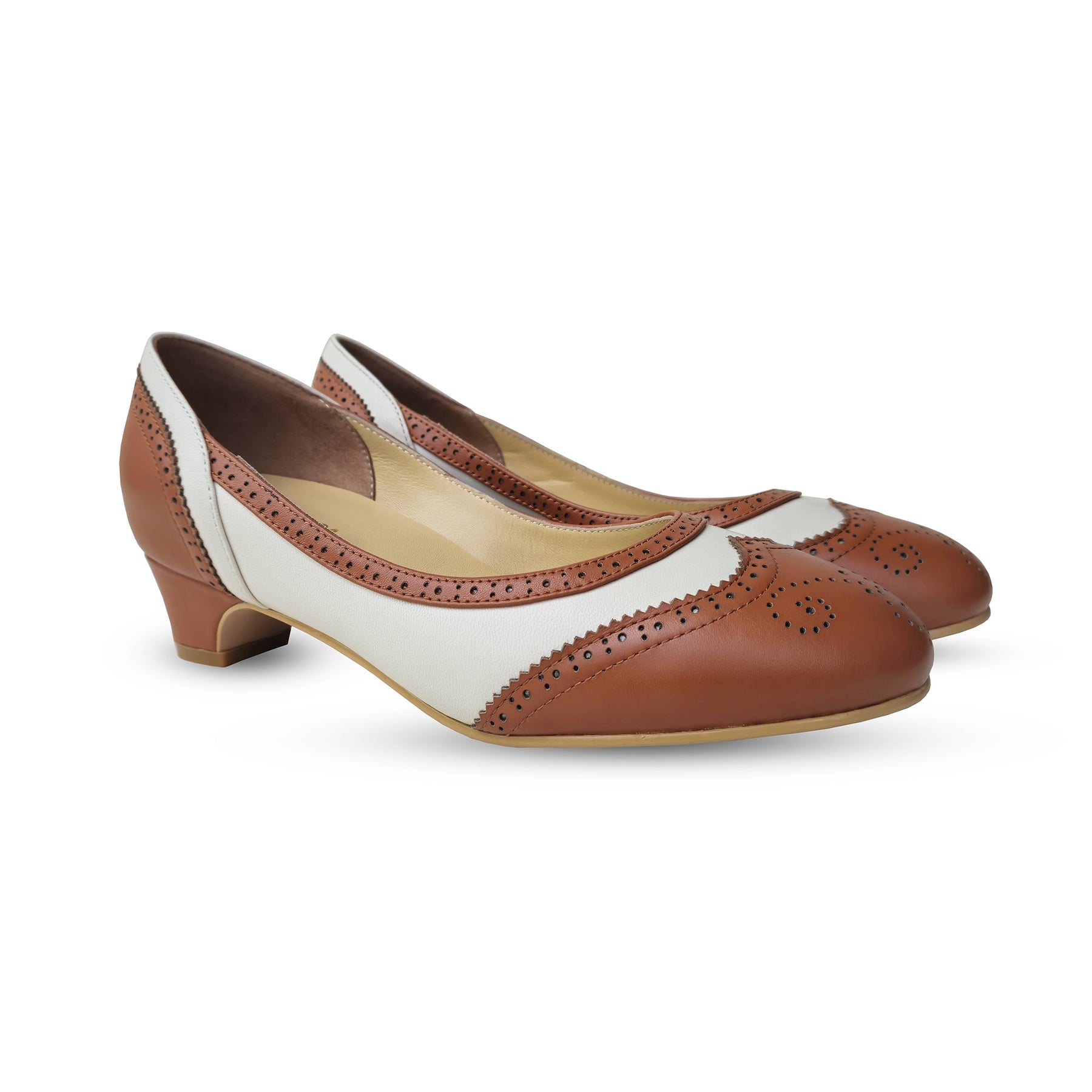 Charlie Stone 1940 s wingtip oxford style pump heel in tan Edinburgh Tan Chiffon
