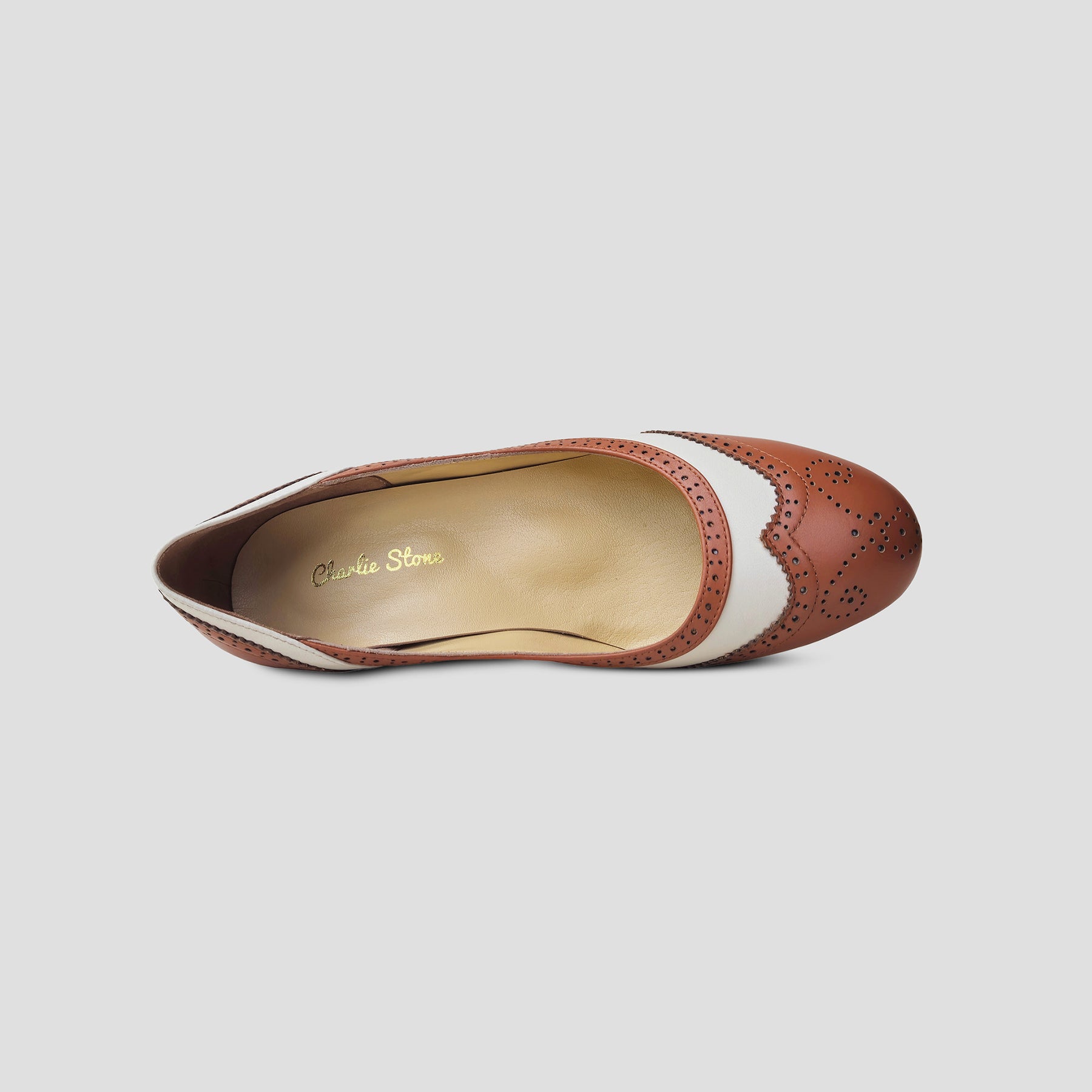 Charlie Stone 1940 s wingtip oxford style pump heel in tan Edinburgh Tan Chiffon
