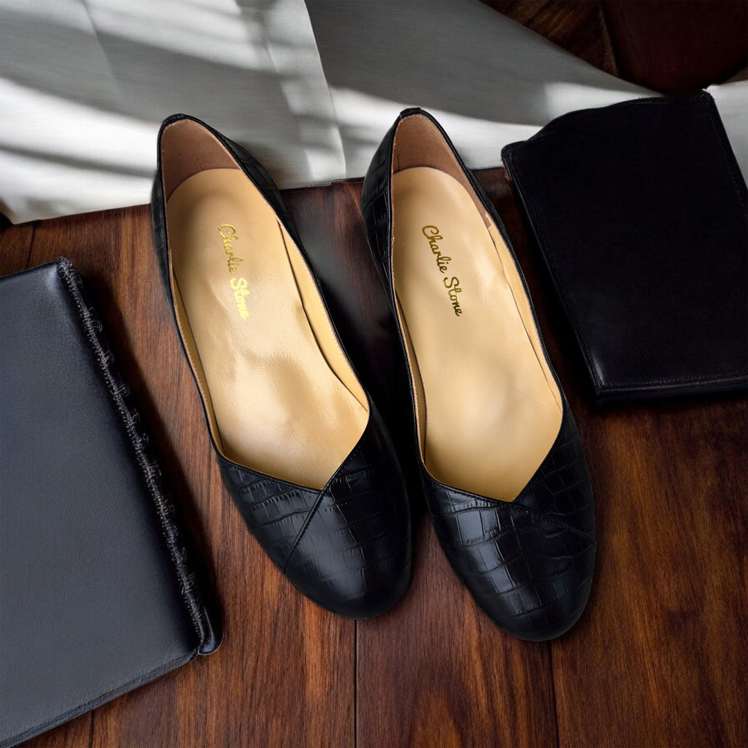 Charlie Stone Shoes classic vintage inspired shoes 1940's pump mini block heel faux croc leather black with supportive biomechanical footbed insole arch support, metatarsal pad and heel cup