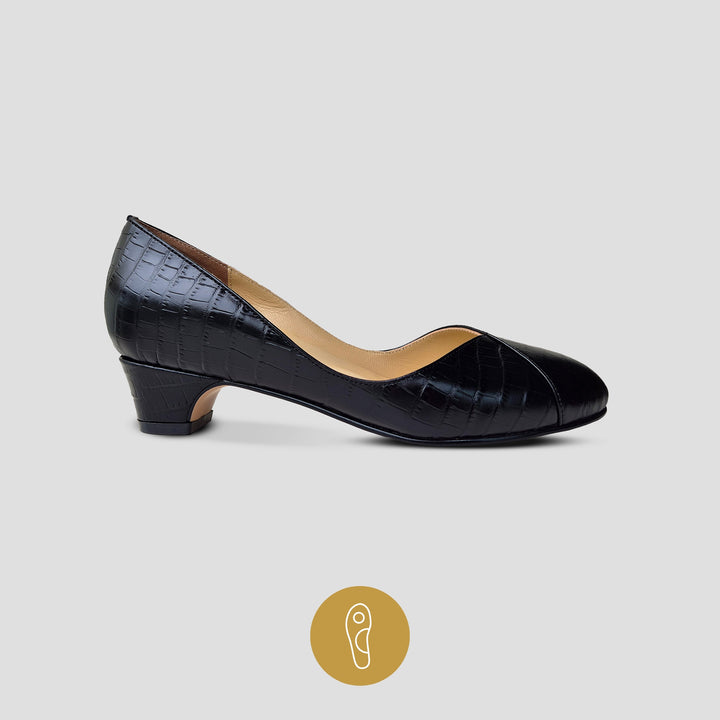 Charlie Stone Shoes classic vintage inspired shoes 1940's pump mini block heel faux croc leather black with supportive biomechanical footbed insole arch support, metatarsal pad and heel cup