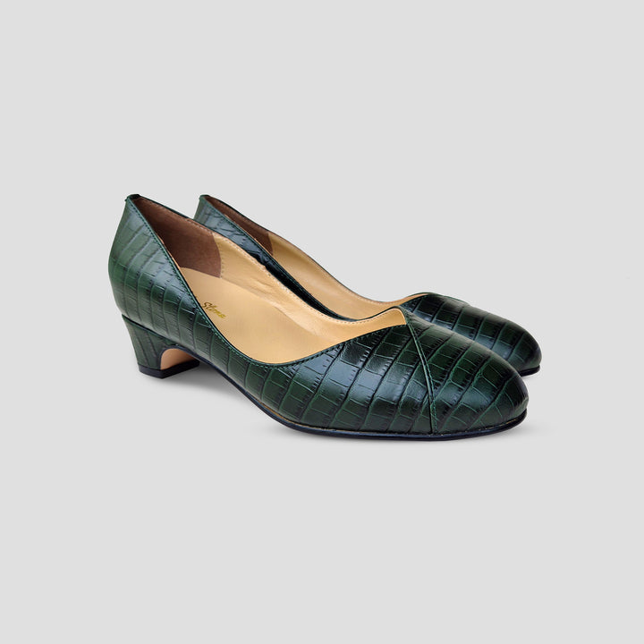 Charlie Stone Shoes classic vintage inspired shoes 1940's pump mini block heel faux croc leather dark emerald green with supportive biomechanical footbed insole arch support, metatarsal pad and heel cup