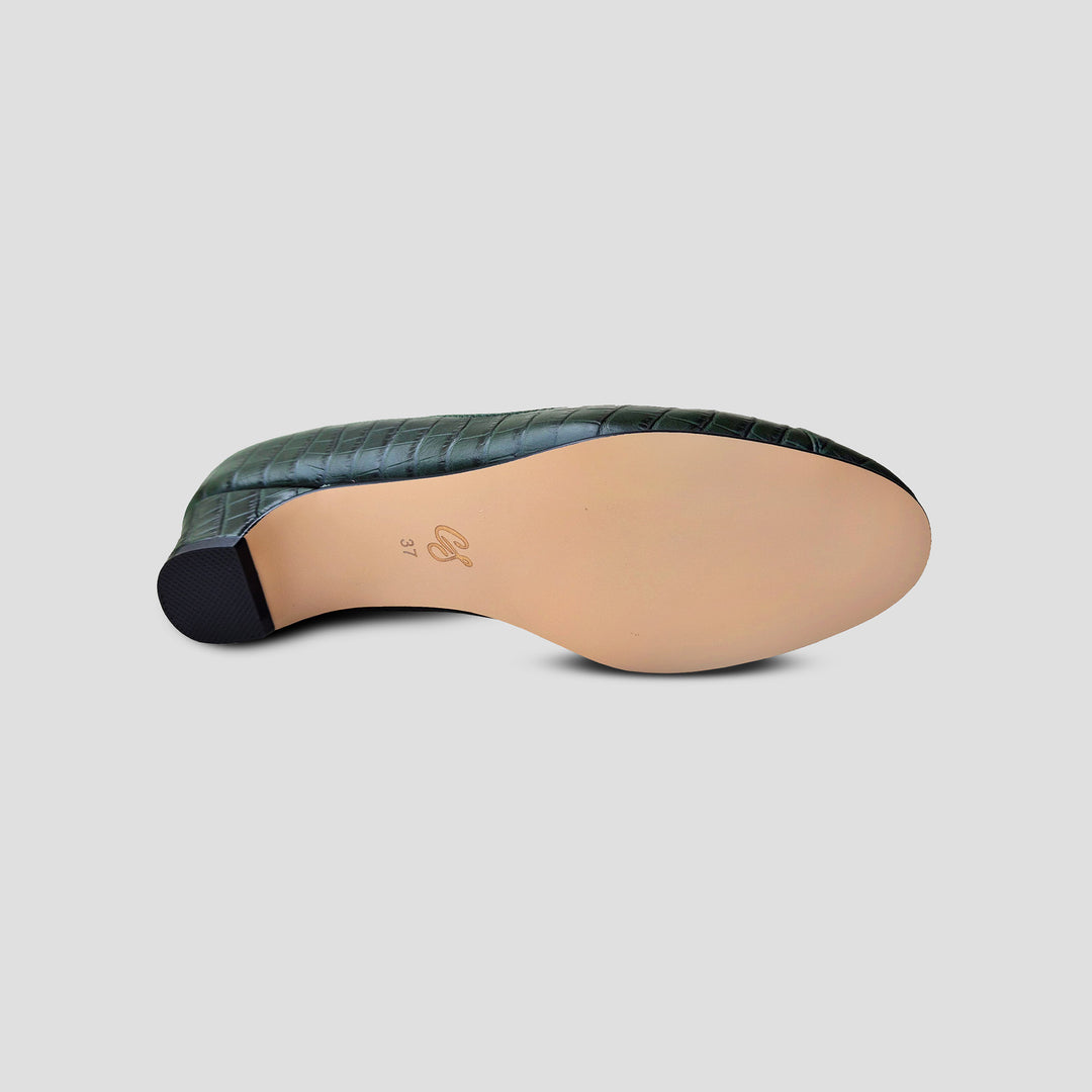 Charlie Stone Shoes classic vintage inspired shoes 1940's pump mini block heel faux croc leather dark emerald green with supportive biomechanical footbed insole arch support, metatarsal pad and heel cup