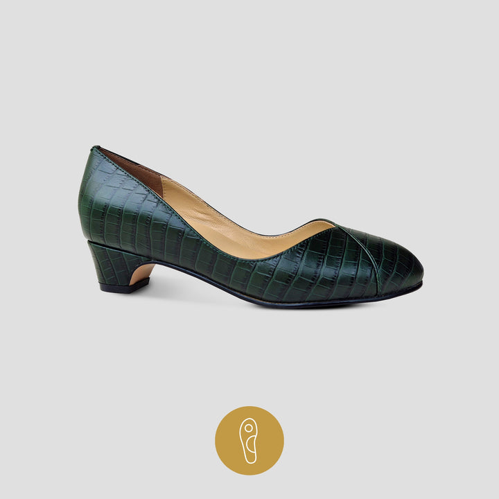 Charlie Stone Shoes classic vintage inspired shoes 1940's pump mini block heel faux croc leather dark emerald green with supportive biomechanical footbed insole arch support, metatarsal pad and heel cup