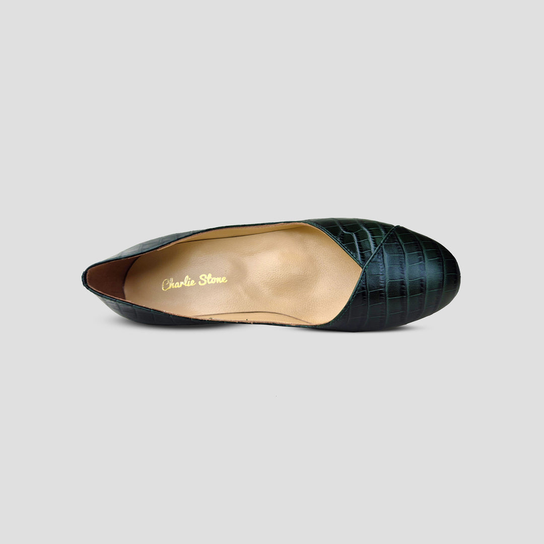 Charlie Stone Shoes classic vintage inspired shoes 1940's pump mini block heel faux croc leather dark emerald green with supportive biomechanical footbed insole arch support, metatarsal pad and heel cup