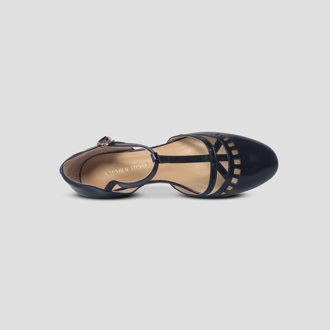 Charlie Stone Shoes Valentina black flats classic vintage style ladies shoes in leather with mary jane ankle strap and T bar old money aesthetic