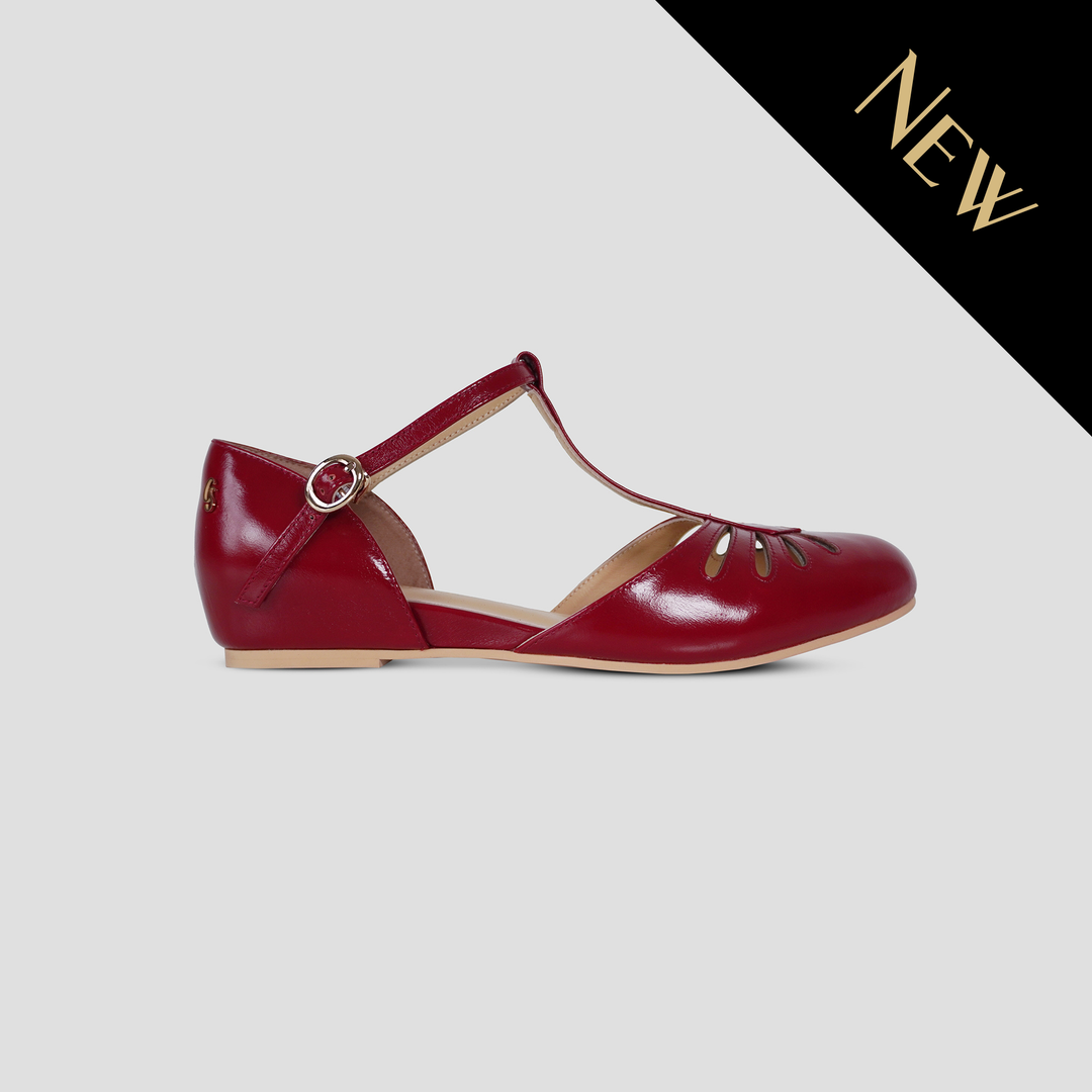 Charlie Stone Shoes women's vintage flats red shined oiled leather dress shoes with hidden wedge to alleviate heel pain