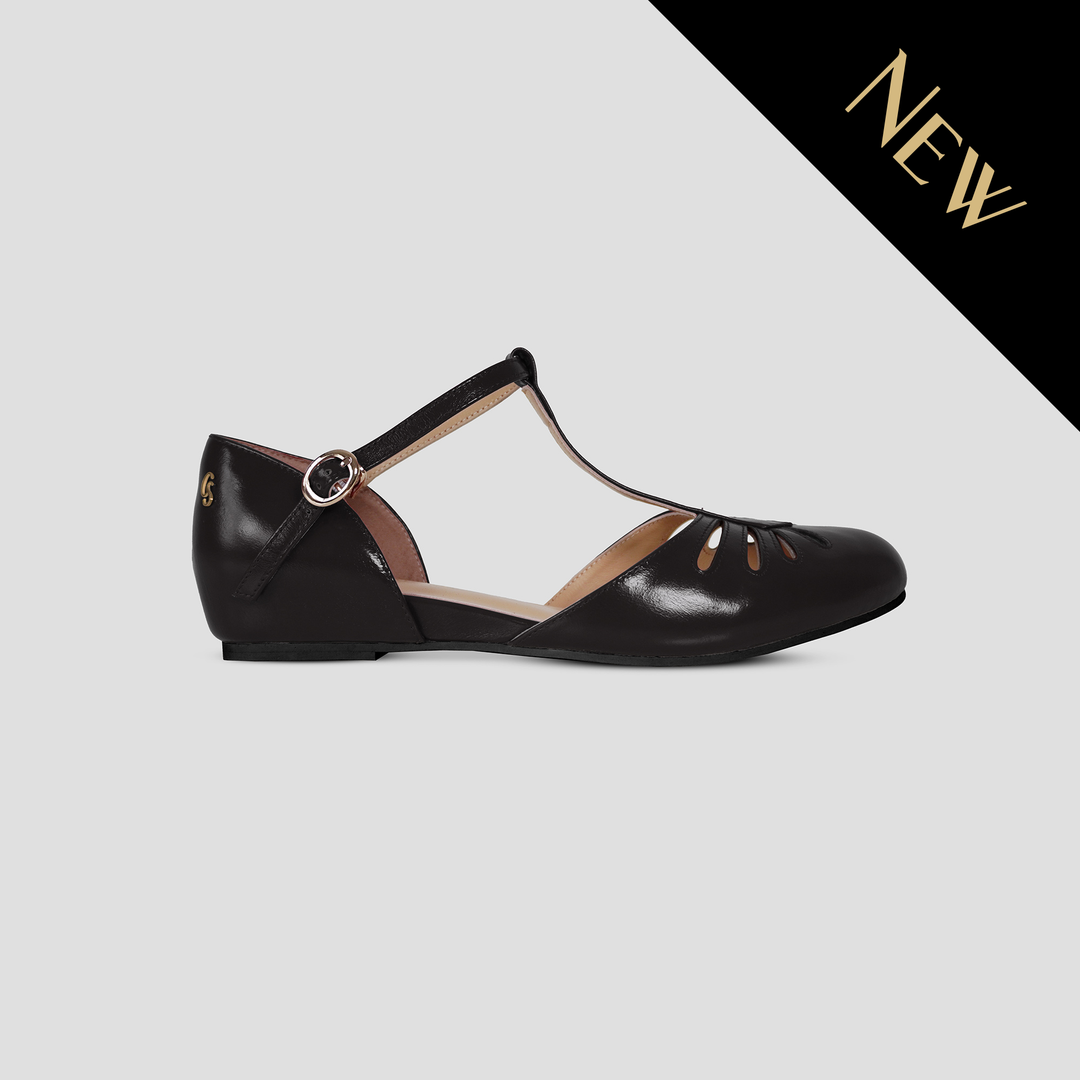 Charlie Stone Shoes women's vintage flats black shined oiled leather dress shoes with hidden wedge to alleviate heel pain