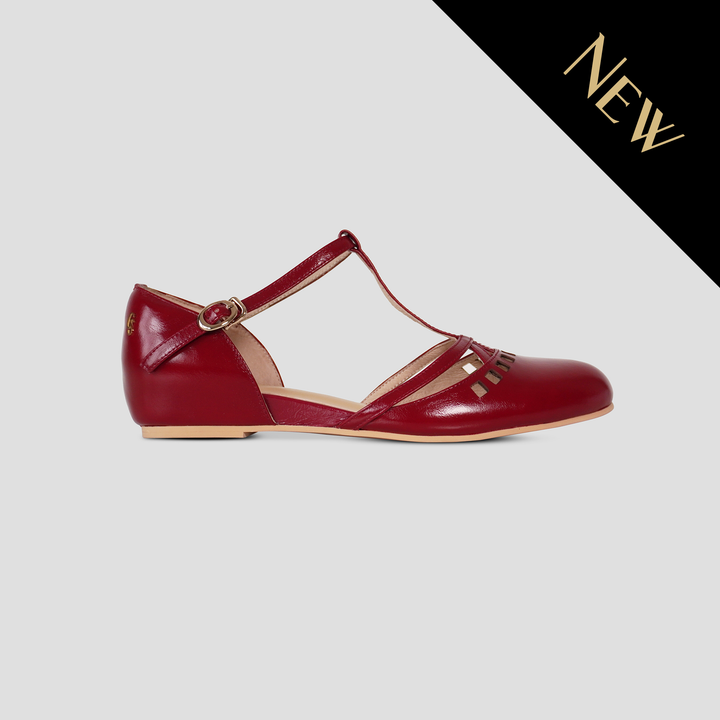 Charlie Stone Shoes women's flat shoes Valentina Red Crimson premium shined oiled leather ladies dress shoes with hidden wedge to help alleviate heel pain T bar mary jane