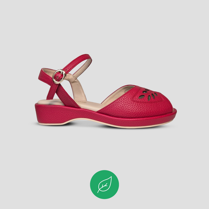 Charlie Stone Shoes 1950's vintage women's wedge open toe sandal vegan-friendly faux leather palermo red inspired by summer in italy