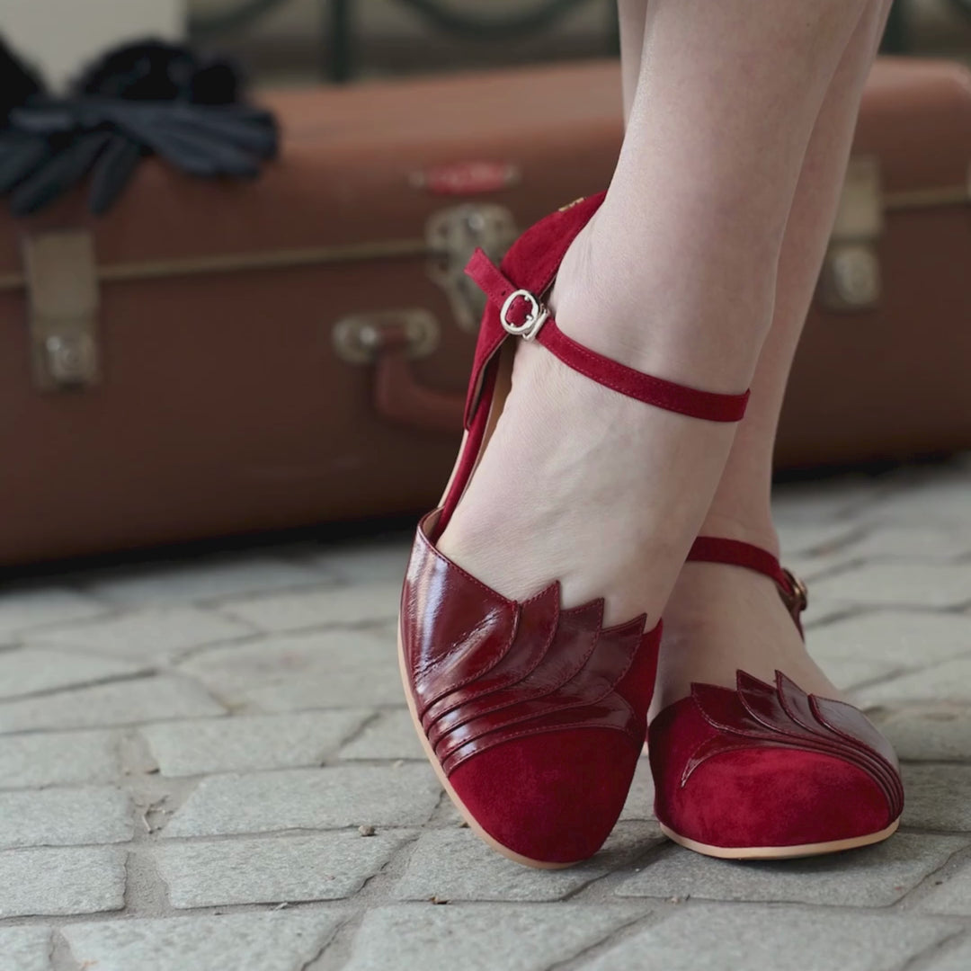 Charlie Stone Shoes New York Burgundy leather women's flats mary jane art deco design vintage inspired retro style old money aesthetic light academia dark academia