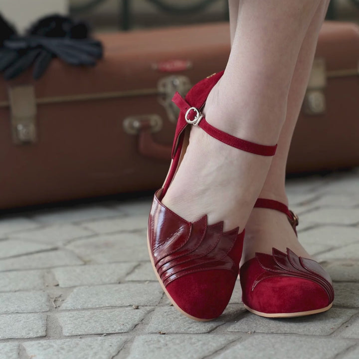 Charlie Stone Shoes New York Burgundy leather women's flats mary jane art deco design vintage inspired retro style old money aesthetic light academia dark academia