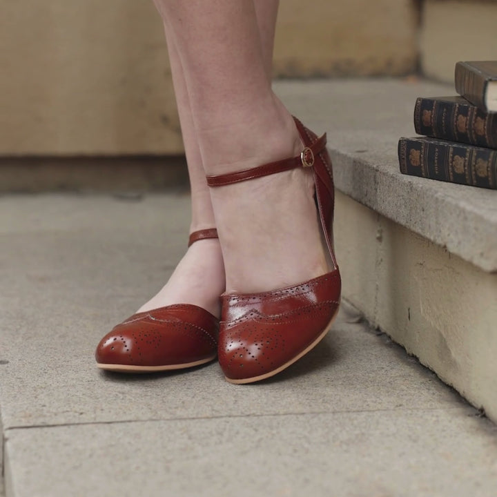 Charlie Stone Shoes vintage flats oxford wingtip academia style dark noisette brown oiled leather 