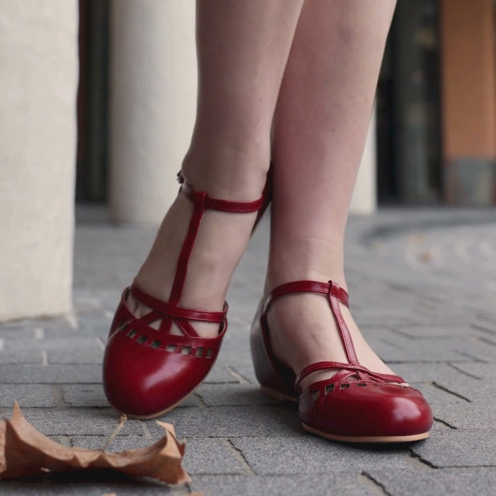 Charlie Stone Shoes women's flat shoes Valentina Red Crimson premium shined oiled leather ladies dress shoes with hidden wedge to help alleviate heel pain T bar mary jane