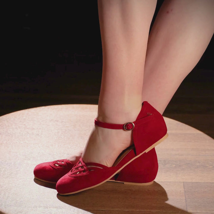Charlie Stone Shoes vintage inspired 1920-50's dark academia aesthetic women's flats Serpente Scarlet Red with hidden wedge suede leather