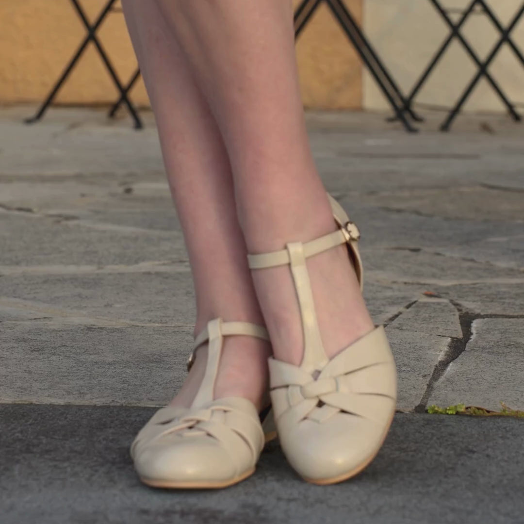 Charlie Stone Shoes women's vintage flats neutral cream shined oiled leather dress shoes with hidden wedge to alleviate heel pain Montpellier Bone