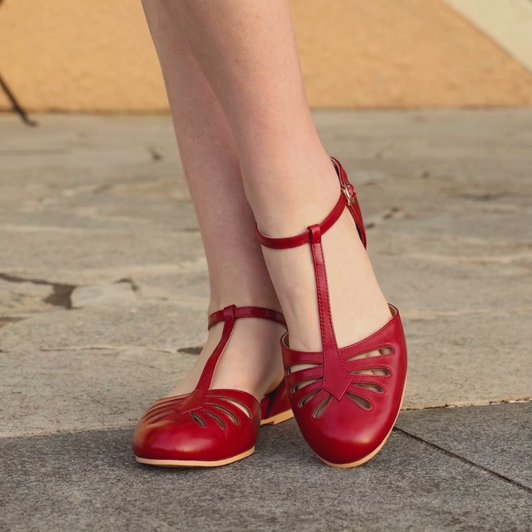 Charlie Stone Shoes women's vintage flats red shined oiled leather dress shoes with hidden wedge to alleviate heel pain