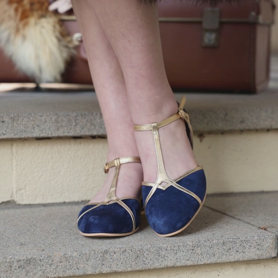 Charlie Stone Shoes Budapest Navy Gold leather women's flats mary jane T bar ankle strap vintage inspired retro style old money aesthetic light academia
