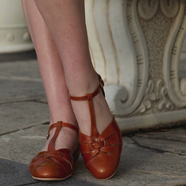 Charlie Stone Shoes women's vintage flats tan brown shined oiled leather dress shoes with hidden wedge to alleviate heel pain Montpellier Oak
