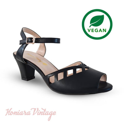 Charlie Stone Honiara Vintage heels retro tiki pumps 1950s 1940s style open toe gold ladies pinup rockabilly shoes black