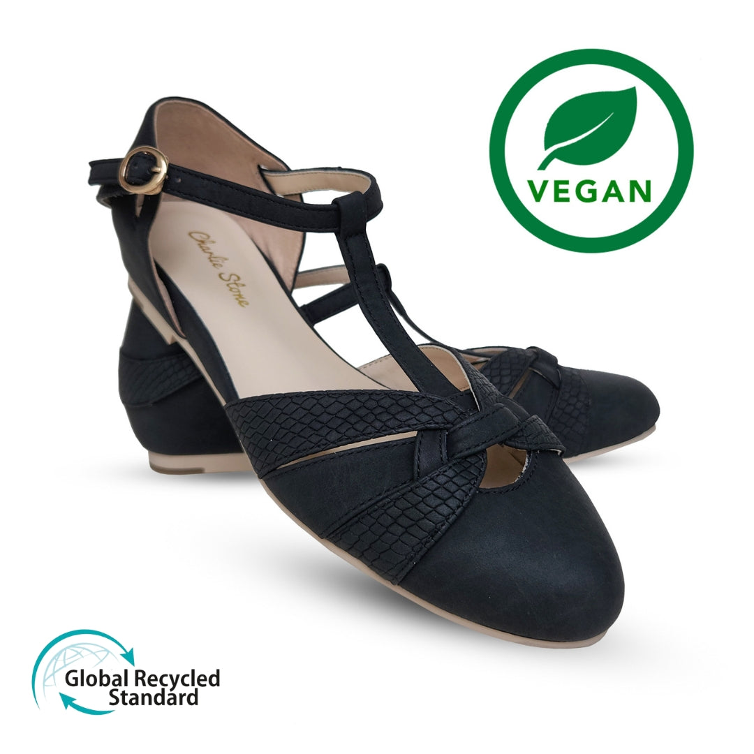 Charlie Stone Shoes elegant and classic vintage inspired ladies flats made with GRS certified recycled materials