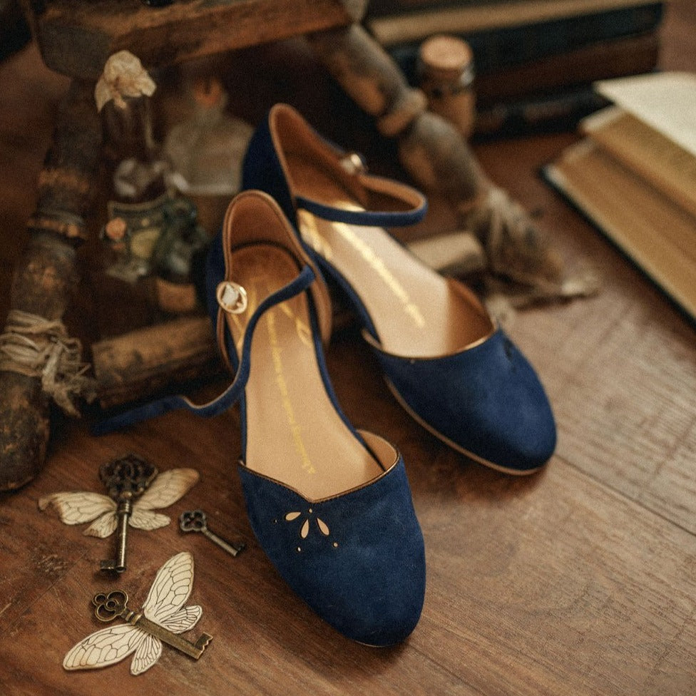 Charlie Stone Vintage Inspired Flats Retro 1940’s 1950’s Style Ladies Shoes Navy Blue Suede Leather and Vegan Harry Potter Cosplay Ravenclaw