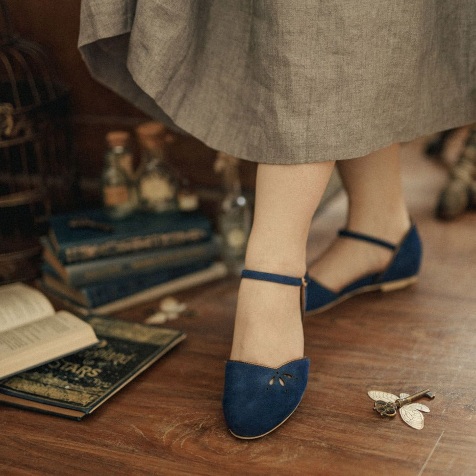 Charlie Stone Vintage Inspired Flats Retro 1940’s 1950’s Style Ladies Shoes Navy Blue Suede Leather and Vegan Harry Potter Cosplay Ravenclaw