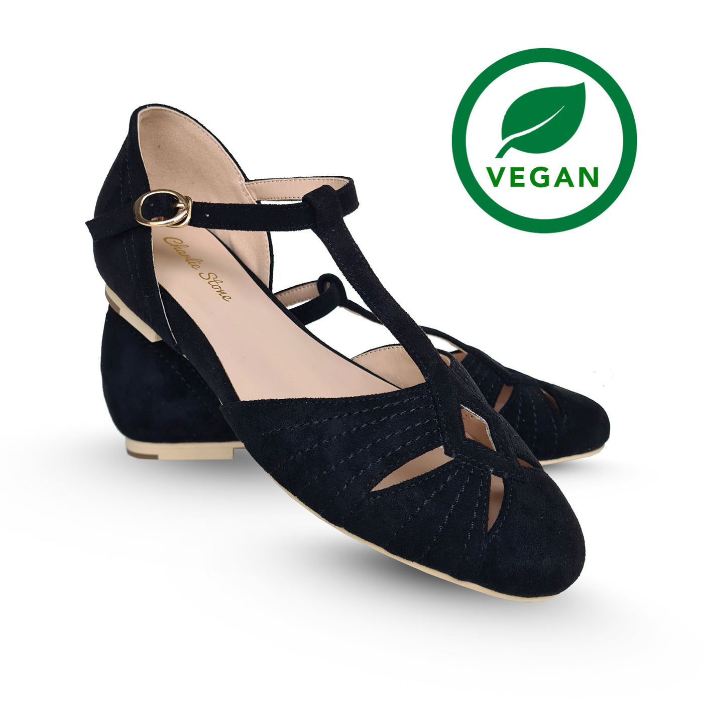 Charlie Stone Vintage Inspired Flats Retro 1940’s 1950’s Style Ladies Shoes black suede vegan