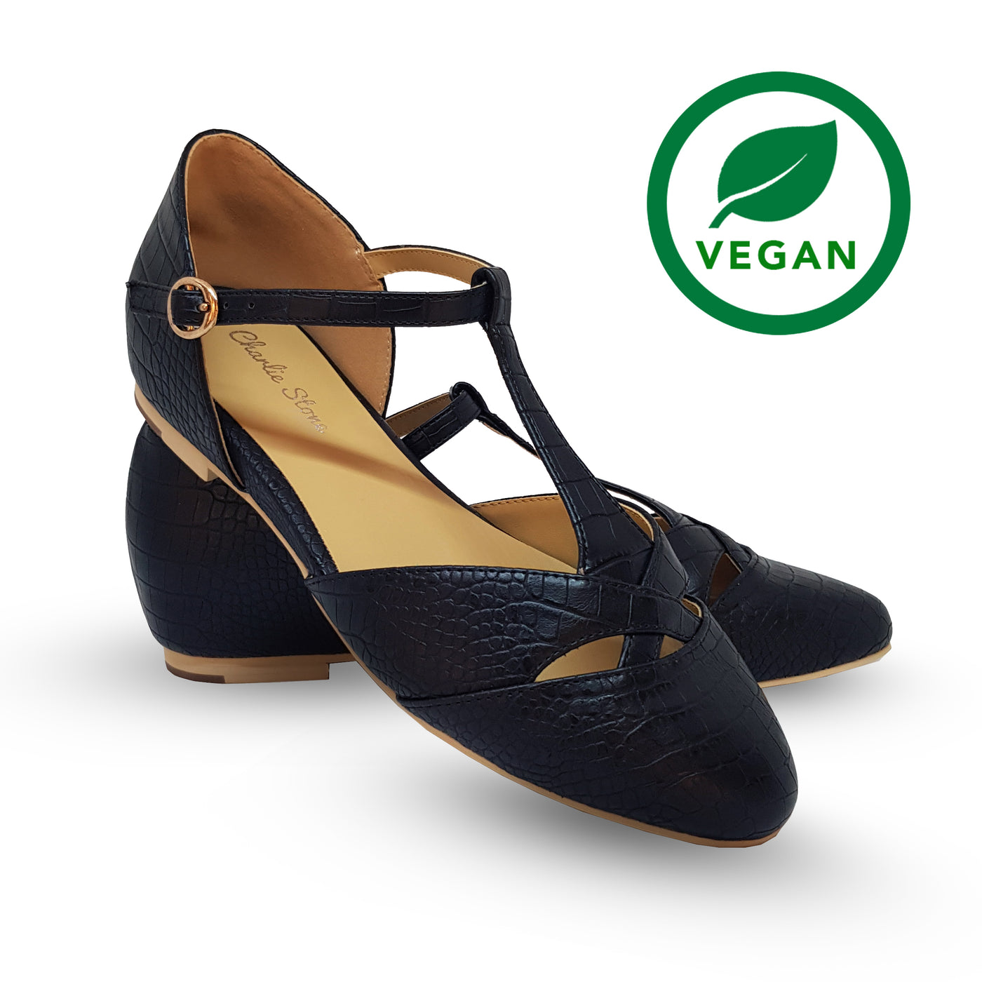 Charlie Stone Vintage Inspired flats Retro 1940’s 1950’s Style Ladies Shoes black vegan