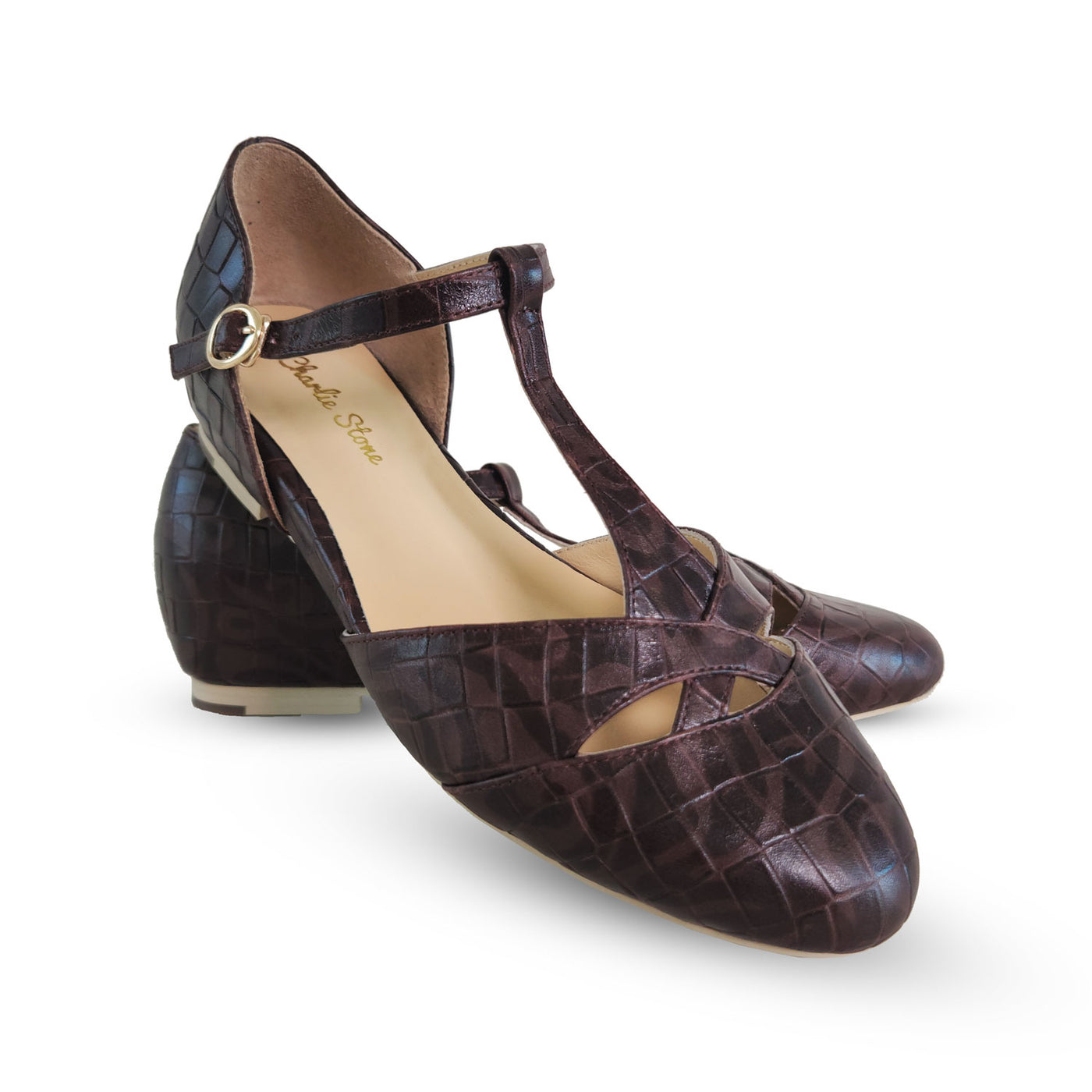 Charlie Stone Vintage Inspired flats Retro 1940’s 1950’s Style Ladies Shoes crocodile leather espresso