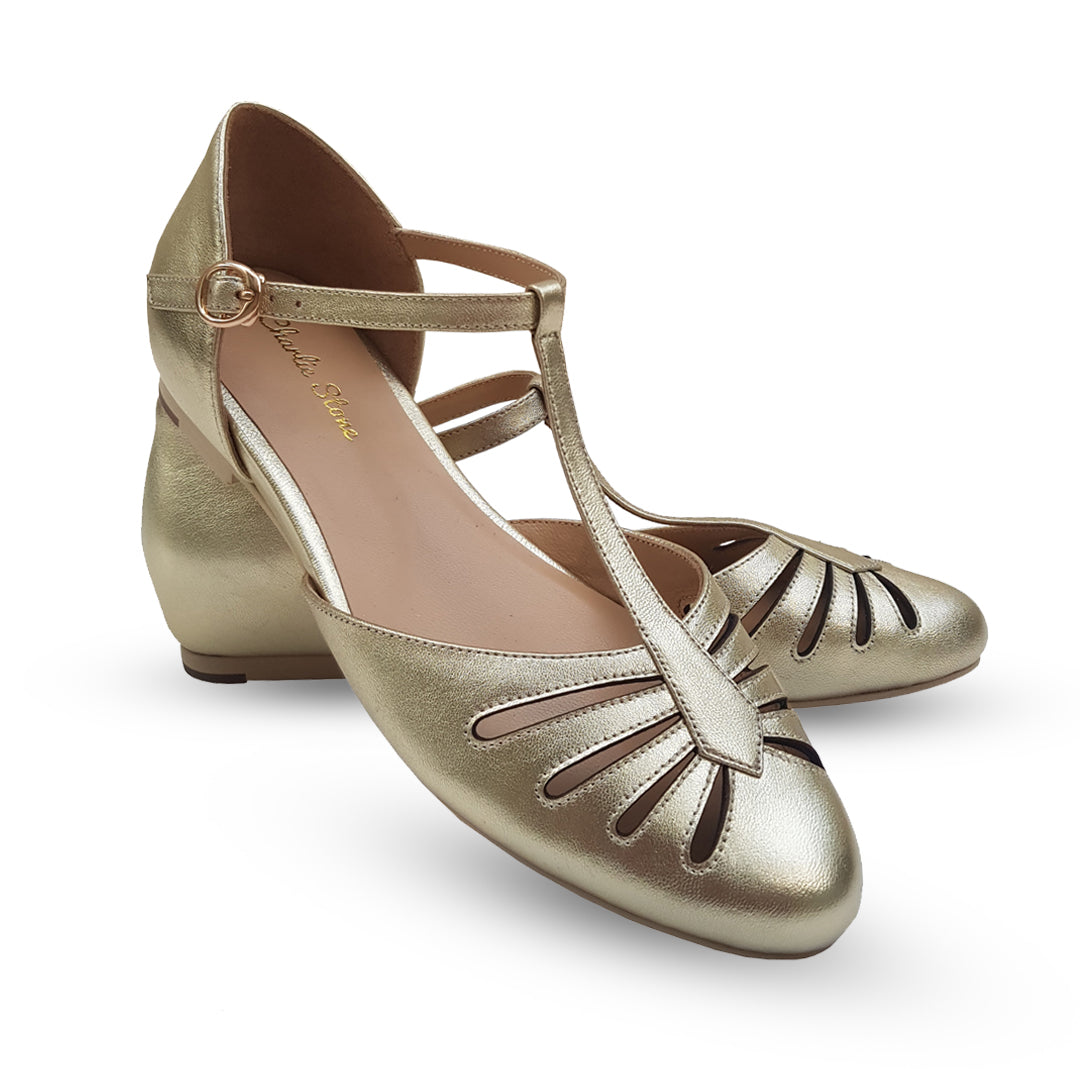 Charlie Stone Vintage Inspired Flats Retro 1940’s 1950’s Style Ladies Shoes metallic gold