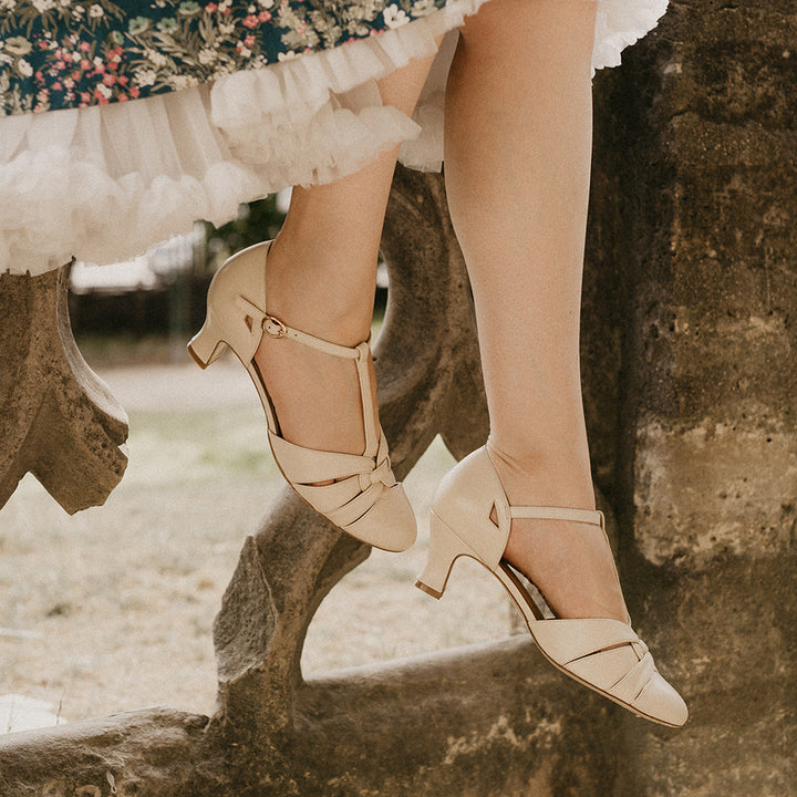Charlie Stone Vintage Inspired Heels Retro 1940’s 1950’s Style Ladies Shoes leather cream
