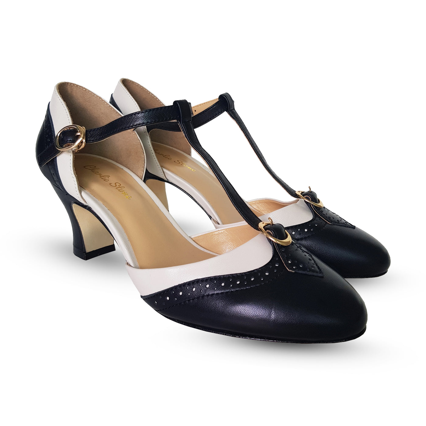 Charlie Stone Vintage Inspired Heels Retro 1920's 1930's 1940’s 1950’s Style Ladies Shoes wingtip black white